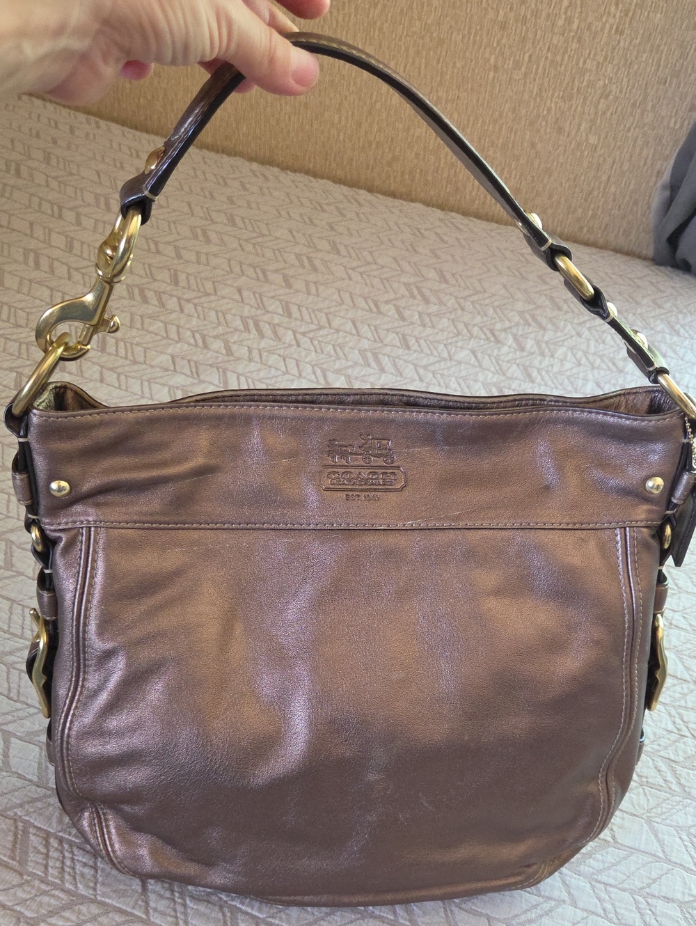 Coach Metallic Bronze Leather Shoulder Bag with Gold Hardware